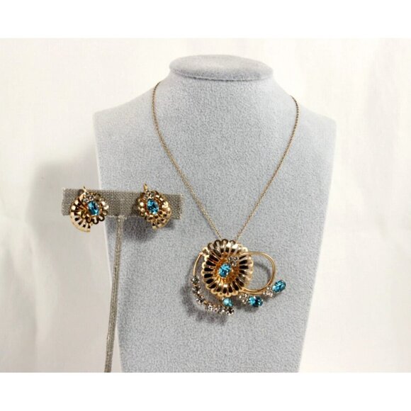 Mid Century Prong Set Rhinestone Blue and Clear Brooch/Pendant Earring Set - Picture 1 of 11